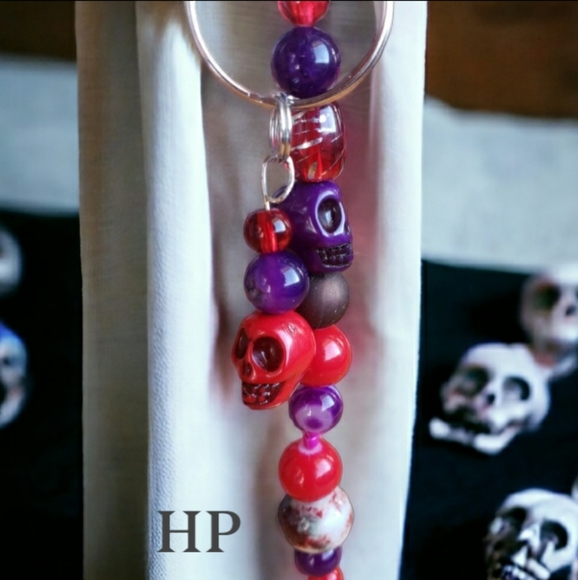 Dia de Muertos Red & Purple Hand Crafted Keychain - Picture 1 of 7